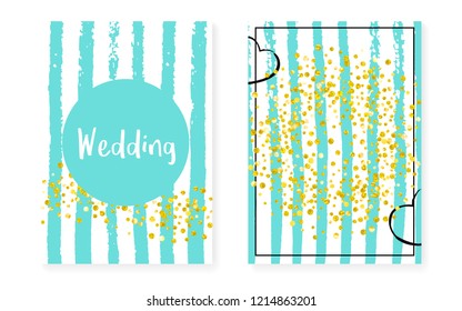 Wedding invitation set with dots, sequins. Bridal shower cards with gold glitter confetti. Vertical turquoise stripes background. Tender wedding invitation set for party, event, save the date flyer