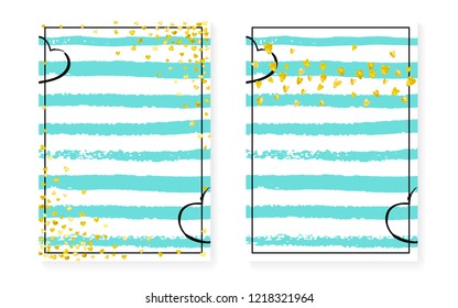 Wedding invitation set with dots, sequins. Bridal shower cards with gold glitter confetti. Vertical turquoise stripes background. Creative wedding invitation set for party, event, save the date flyer
