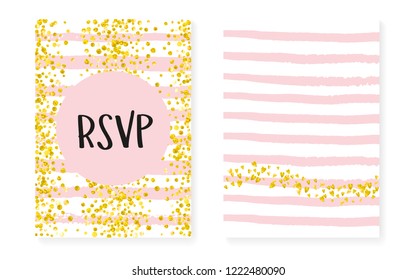 Wedding invitation set with dots and sequins. Bridal shower cards with gold glitter confetti. Vertical stripes background. Vintage wedding invitation set for party, event, save the date flyer.