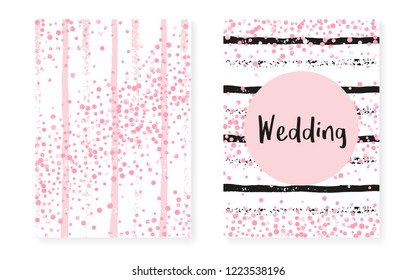 Wedding invitation set with dots and sequins. Bridal shower cards with pink glitter confetti. Vertical stripes background. Luxury wedding invitation set for party, event, save the date flyer.