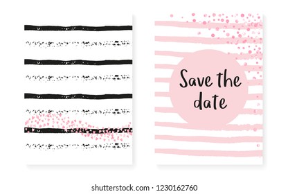 Wedding invitation set with dots and sequins. Bridal shower cards with pink glitter confetti. Vertical stripes background. Retro wedding invitation set for party, event, save the date flyer.