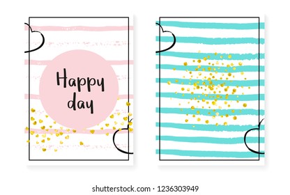 Wedding invitation set with dots and sequins. Bridal shower cards with gold glitter confetti. Vertical stripes background. Hipster wedding invitation set for party, event, save the date flyer.