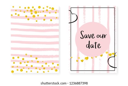 Wedding invitation set with dots and sequins. Bridal shower cards with gold glitter confetti. Vertical stripes background. Creative wedding invitation set for party, event, save the date flyer.