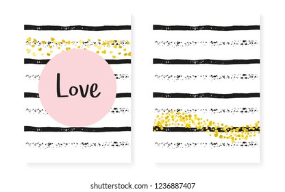 Wedding invitation set with dots and sequins. Bridal shower cards with gold glitter confetti. Vertical stripes background. Retro wedding invitation set for party, event, save the date flyer.