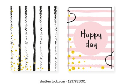 Wedding invitation set with dots and sequins. Bridal shower cards with gold glitter confetti. Vertical stripes background. Hipster wedding invitation set for party, event, save the date flyer.