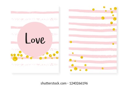 Wedding invitation set with dots and sequins. Bridal shower cards with gold glitter confetti. Vertical stripes background. Stylish wedding invitation set for party, event, save the date flyer.
