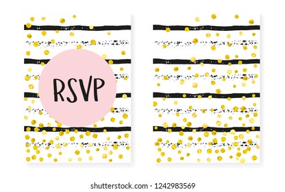 Wedding invitation set with dots and sequins. Bridal shower cards with gold glitter confetti. Vertical stripes background. Stylish wedding invitation set for party, event, save the date flyer.