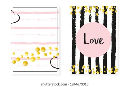 Wedding invitation set with dots and sequins. Bridal shower cards with gold glitter confetti. Vertical stripes background. Retro wedding invitation set for party, event, save the date flyer.