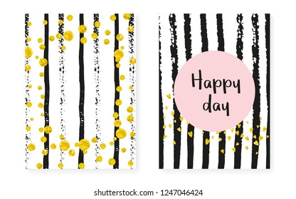 Wedding invitation set with dots and sequins. Bridal shower cards with gold glitter confetti. Vertical stripes background. Stylish wedding invitation set for party, event, save the date flyer.