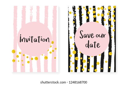 Wedding invitation set with dots and sequins. Bridal shower cards with gold glitter confetti. Vertical stripes background. Tender wedding invitation set for party, event, save the date flyer.