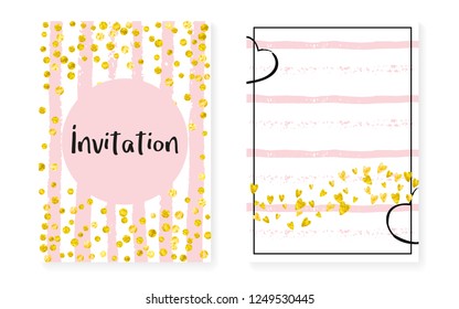 Wedding invitation set with dots and sequins. Bridal shower cards with gold glitter confetti. Vertical stripes background. Stylish wedding invitation set for party, event, save the date flyer.