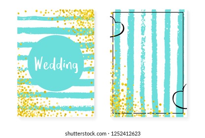 Wedding invitation set with dots and sequins. Bridal shower cards with gold glitter confetti. Vertical stripes background. Trendy wedding invitation set for party, event, save the date flyer.