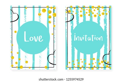 Wedding invitation set with dots and sequins. Bridal shower cards with gold glitter confetti. Vertical stripes background. Hipster wedding invitation set for party, event, save the date flyer.