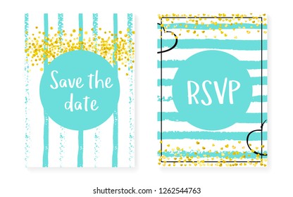 Wedding invitation set with dots and sequins. Bridal shower cards with gold glitter confetti. Vertical stripes background. Retro wedding invitation set for party, event, save the date flyer.