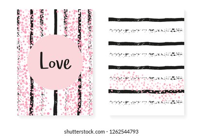 Wedding invitation set with dots and sequins. Bridal shower cards with pink glitter confetti. Vertical stripes background. Retro wedding invitation set for party, event, save the date flyer.