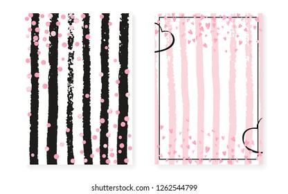 Wedding invitation set with dots and sequins. Bridal shower cards with pink glitter confetti. Vertical stripes background. Stylish wedding invitation set for party, event, save the date flyer.