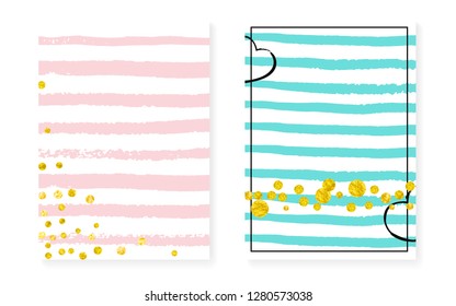 Wedding invitation set with dots and sequins. Bridal shower cards with gold glitter confetti. Vertical stripes background. Retro wedding invitation set for party, event, save the date flyer.