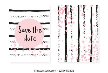 Wedding invitation set with dots and sequins. Bridal shower cards with pink glitter confetti. Vertical stripes background. Hipster wedding invitation set for party, event, save the date flyer.