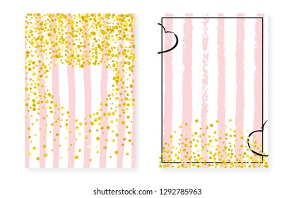 Wedding invitation set with dots and sequins. Bridal shower cards with gold glitter confetti. Vertical stripes background. Retro wedding invitation set for party, event, save the date flyer.
