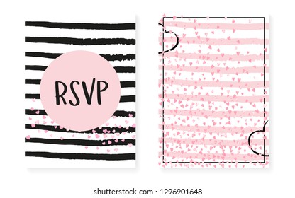 Wedding invitation set with dots and sequins. Bridal shower cards with pink glitter confetti. Vertical stripes background. Elegant wedding invitation set for party, event, save the date flyer.