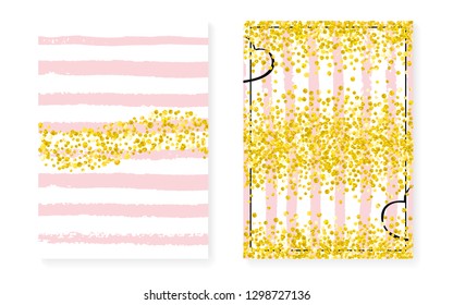 Wedding invitation set with dots and sequins. Bridal shower cards with gold glitter confetti. Vertical stripes background. Retro wedding invitation set for party, event, save the date flyer.