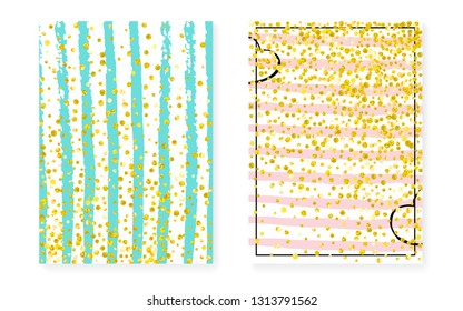 Wedding invitation set with dots and sequins. Bridal shower cards with gold glitter confetti. Vertical stripes background. Retro wedding invitation set for party, event, save the date flyer.