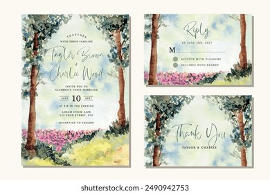 wedding invitation set with dreamy forest watercolor landscape