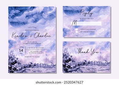 Invitación de boda con fondo de acuarela de invierno de ensueño