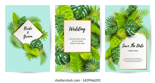 Wedding invitation set with exotic jungle leaves. Vector illustration tropical template. Place for text. Great for flyer, party invitation, ecological concept, wedding. Save the date card.