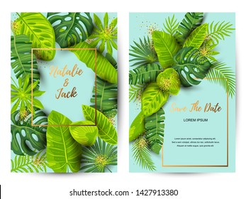 Wedding invitation set with exotic leaves. Vector illustration tropical template. Place for text. Great for flyer, party invitation, ecological concept, wedding. Save the date card.