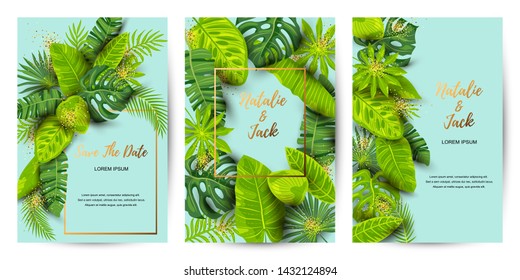 Wedding invitation set with exotic leaves. Vector illustration tropical template. Place for text. Great for flyer, party invitation, ecological concept, wedding. Save the date card.