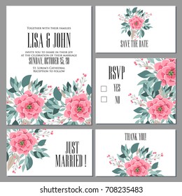 Wedding invitation set of floral card vector template of pink anemone, poppy, peony