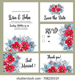 Wedding invitation set of floral card vector template of anemone, red poppy, peony