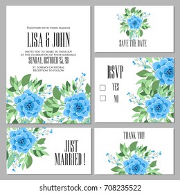 Wedding invitation set of floral card vector template of blue anemone, poppy, peony