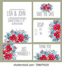 Wedding invitation set of floral card vector template of anemone, red poppy, peony