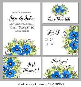 Wedding invitation set of floral card vector template of blue anemone, poppy, peony