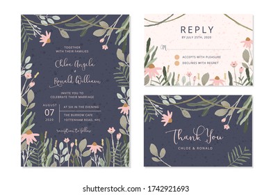 wedding invitation set with flower garden background