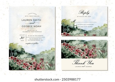 Invitación de boda con paisaje de acuarela de prado de flores