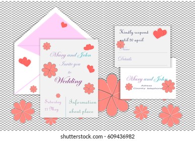 Wedding invitation set with flowers and hearts