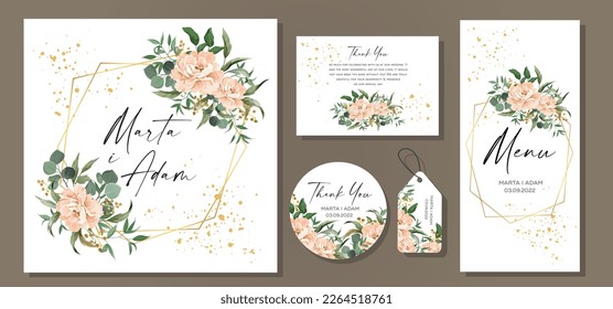 Wedding invitation set with flowers Peony and leaves, watercolor, isolated on white.  Vector elegant cute rustic.