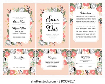 Wedding Invitation Set with Flowers in Vector