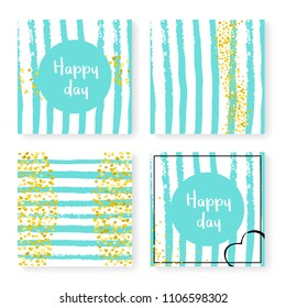 Wedding invitation set with glitter confetti and stripes. Gold hearts and dots on mint and white background. Design with wedding invitation set for party, event, bridal shower, save the date card.