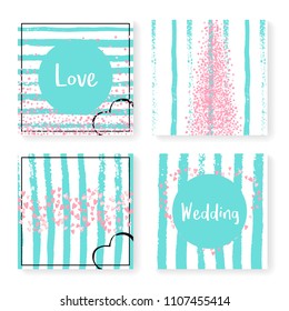 Wedding invitation set with glitter confetti and stripes. Pink hearts and dots on mint and white background. Template with wedding invitation set for party, event, bridal shower, save the date card.