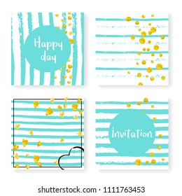Wedding invitation set with glitter confetti and stripes. Gold hearts and dots on mint and white background. Design with wedding invitation set for party, event, bridal shower, save the date card.