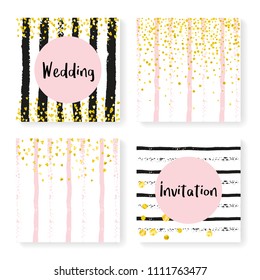 Wedding invitation set with glitter confetti and stripes. Gold hearts and dots on black and pink background. Design with wedding invitation set for party, event, bridal shower, save the date card.