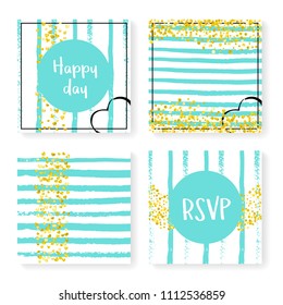 Wedding invitation set with glitter confetti and stripes. Gold hearts and dots on mint and white background. Template with wedding invitation set for party, event, bridal shower, save the date card.