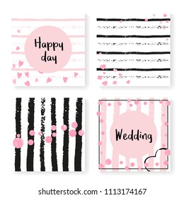 Wedding invitation set with glitter confetti and stripes. Pink hearts and dots on black and pink background. Template with wedding invitation set for party, event, bridal shower, save the date card.