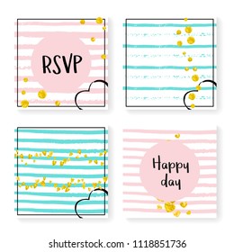 Wedding invitation set with glitter confetti and stripes. Gold hearts and dots on pink and mint background. Design with wedding invitation set for party, event, bridal shower, save the date card.