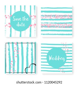 Wedding invitation set with glitter confetti and stripes. Pink hearts and dots on mint and white background. Template with wedding invitation set for party, event, bridal shower, save the date card.