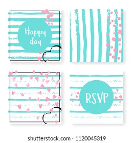 Wedding invitation set with glitter confetti and stripes. Pink hearts and dots on mint and white background. Template with wedding invitation set for party, event, bridal shower, save the date card.